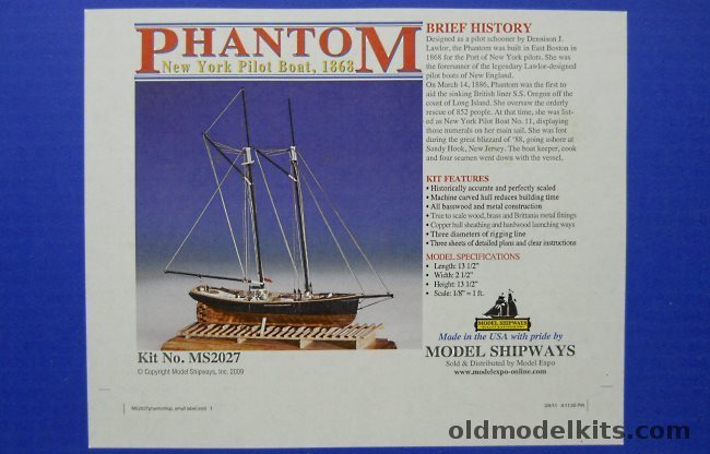 Model Shipways HO Phantom - New York Pilot Boat - 13.5 Inch Long Wood and Metal HO Ship, MS2027 plastic model kit